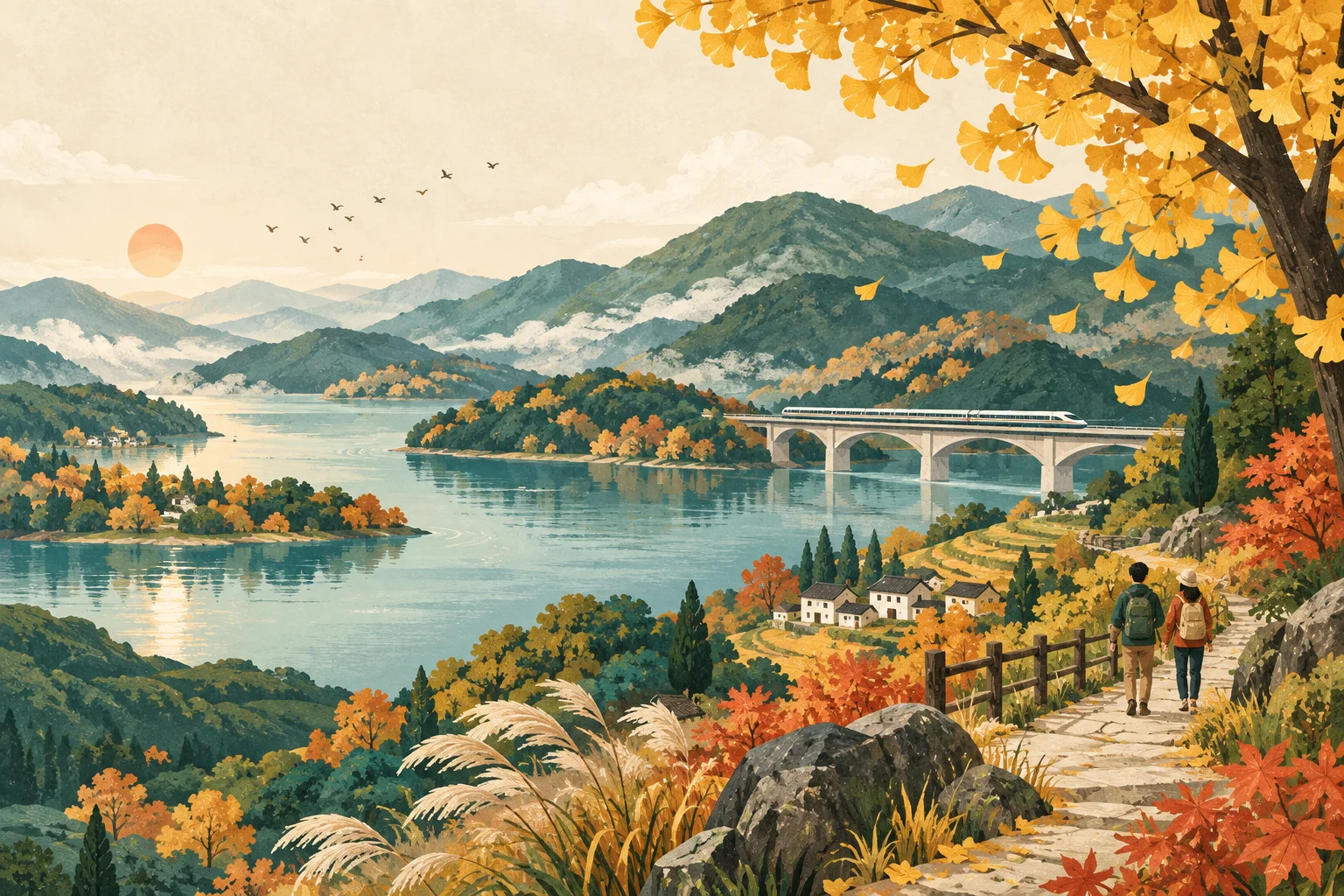 Colinas otoñales, un lago, un tren y senderos