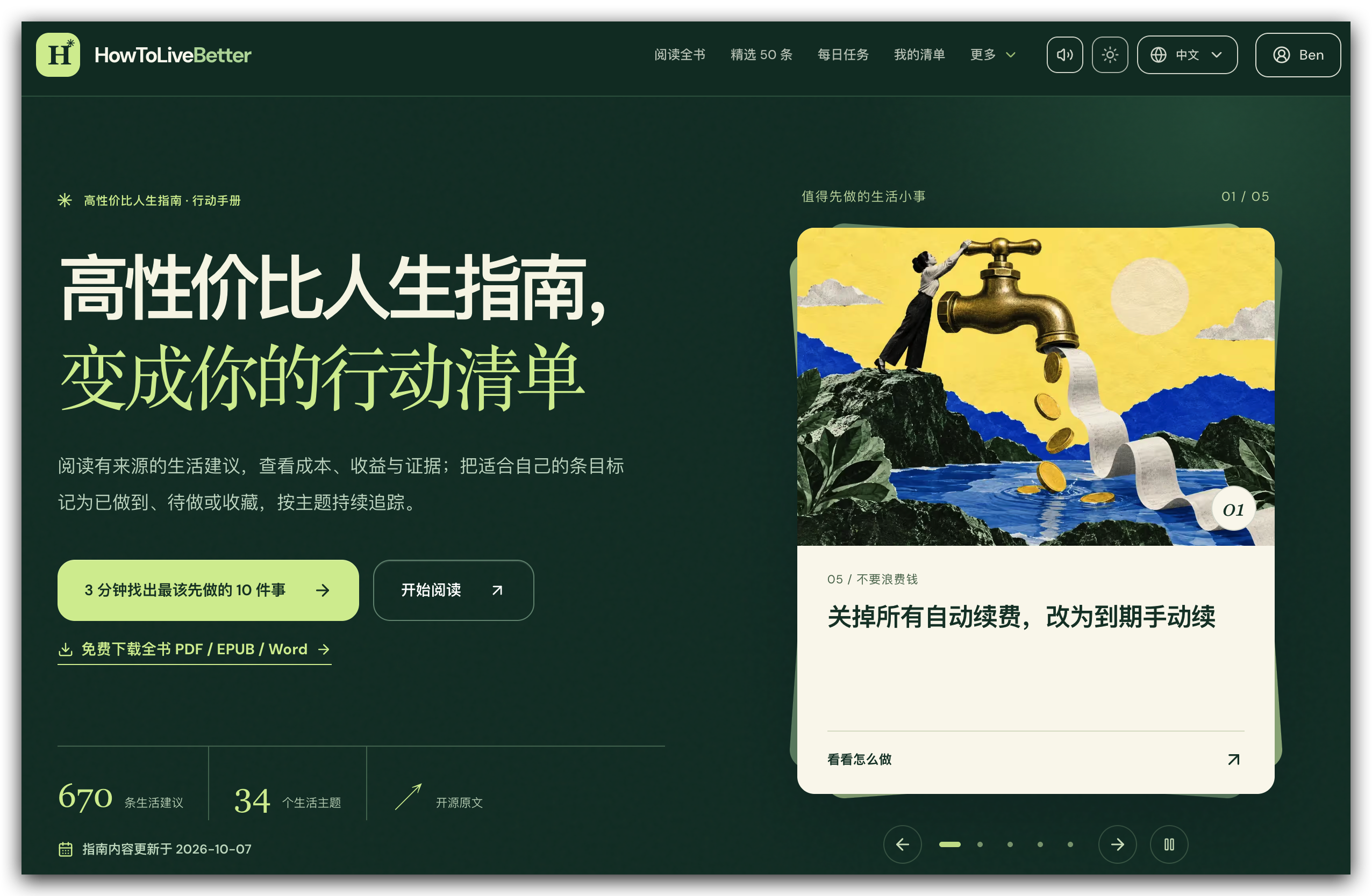 图片展示的是“高性价比人生指南”网站首页。左侧以绿色大字呈现网站主题，下方有“3分钟找出最该先做的10件事”等引导阅读内容，还有免费下载PDF/EPUB/Word版本的选项。右侧是“值得先读的生活小课”板块，以插画形式呈现，画面中有一个人在水龙头下接水，旁边有“关掉所有自动续费，改为到期手动续费”等文字。该图片与上下文介绍的网站内容及功能相契合，直观呈现了网站界面及部分功能。